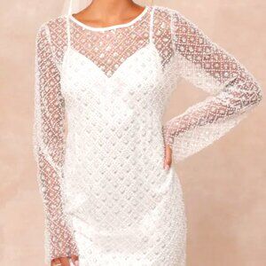 Glowing Charisma White Sequin Pearl Mesh Long Sleeve Mini Dress